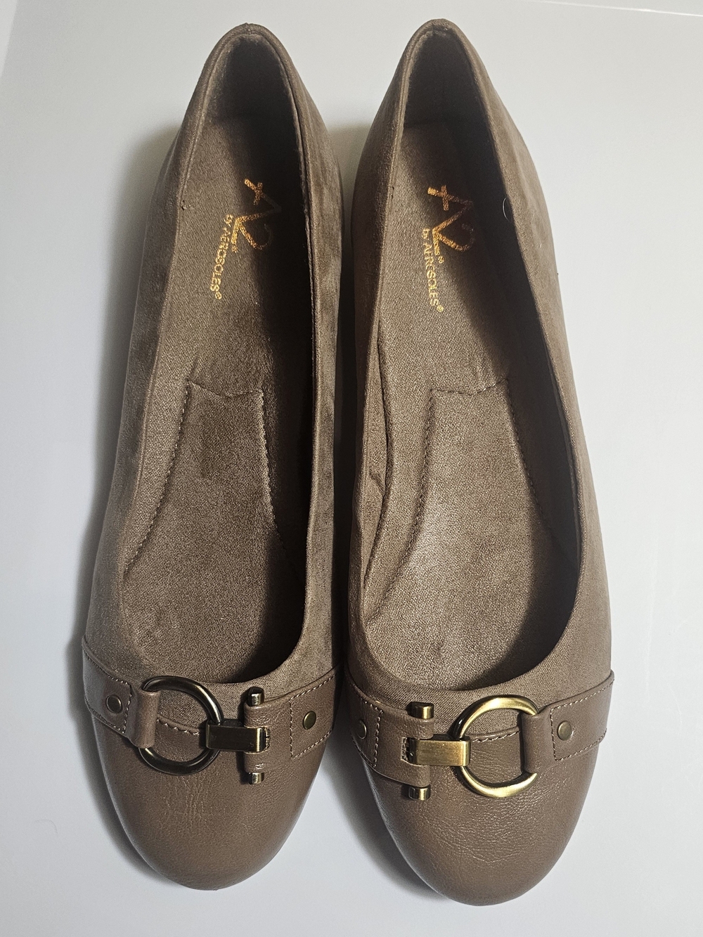 A2 By Aerosoles Taupe Round-Toe Flats with Gold Ring Detail